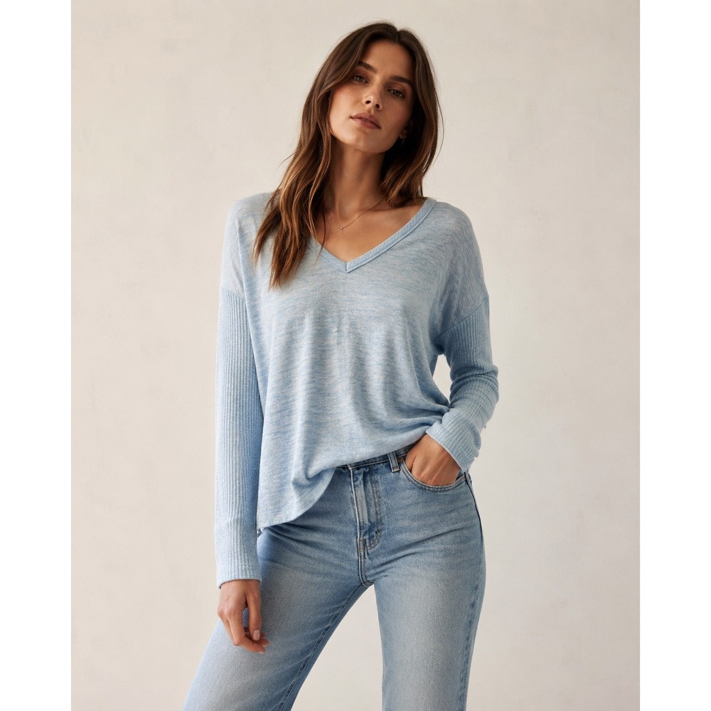 Rag & Bone Light Blue Heathered V-Neck Ribbed Long Sleeve Top Small